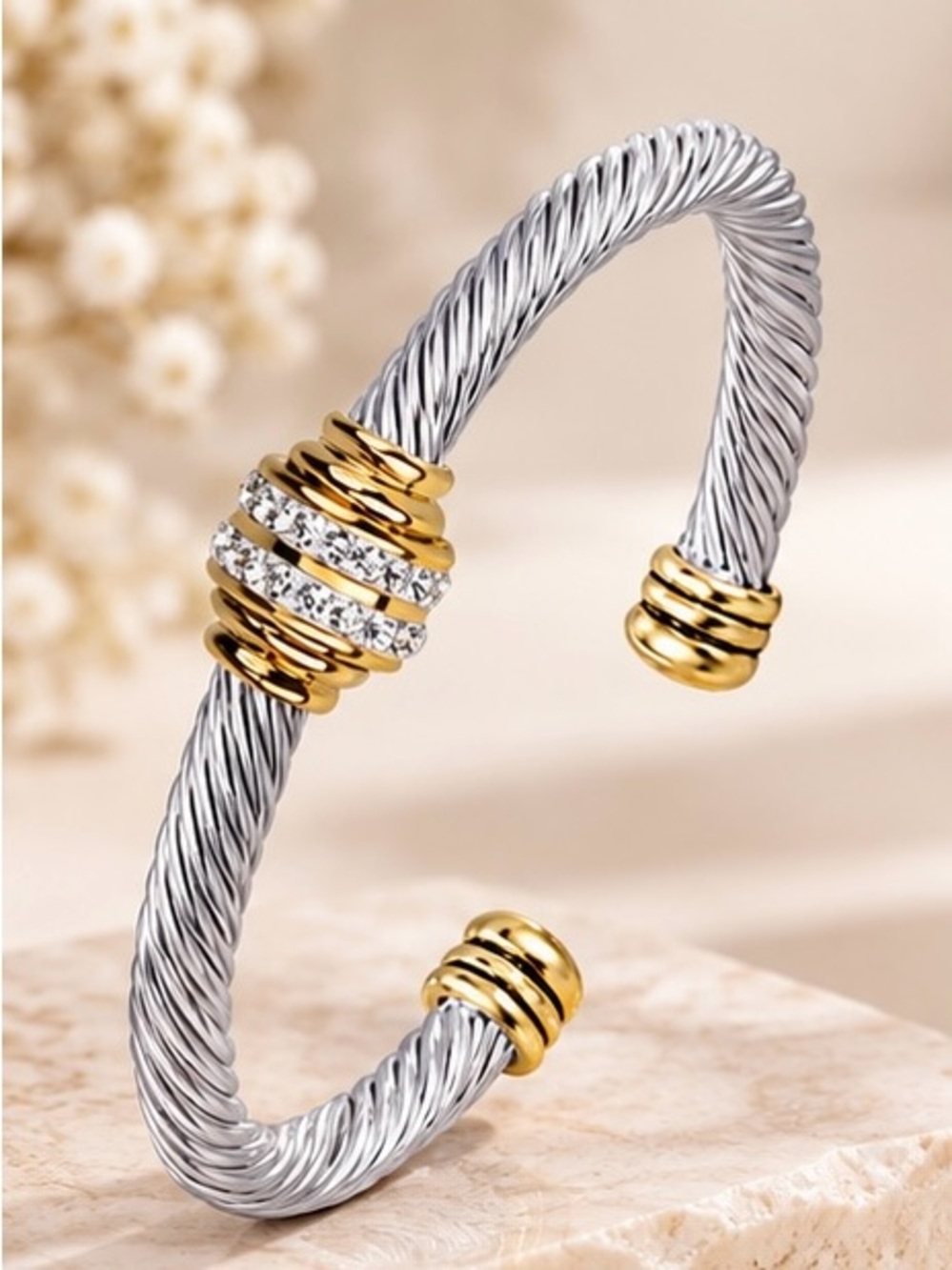 Two Tone Cable Cuff Bracelet Gold Silver Tone Crystal Accent Statement Jewelry